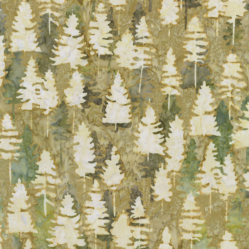 Watercolor forest scene featuring light-colored trees against a textured green background.