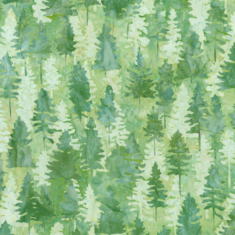 Watercolor illustration of dense greenery featuring various shades of green trees.