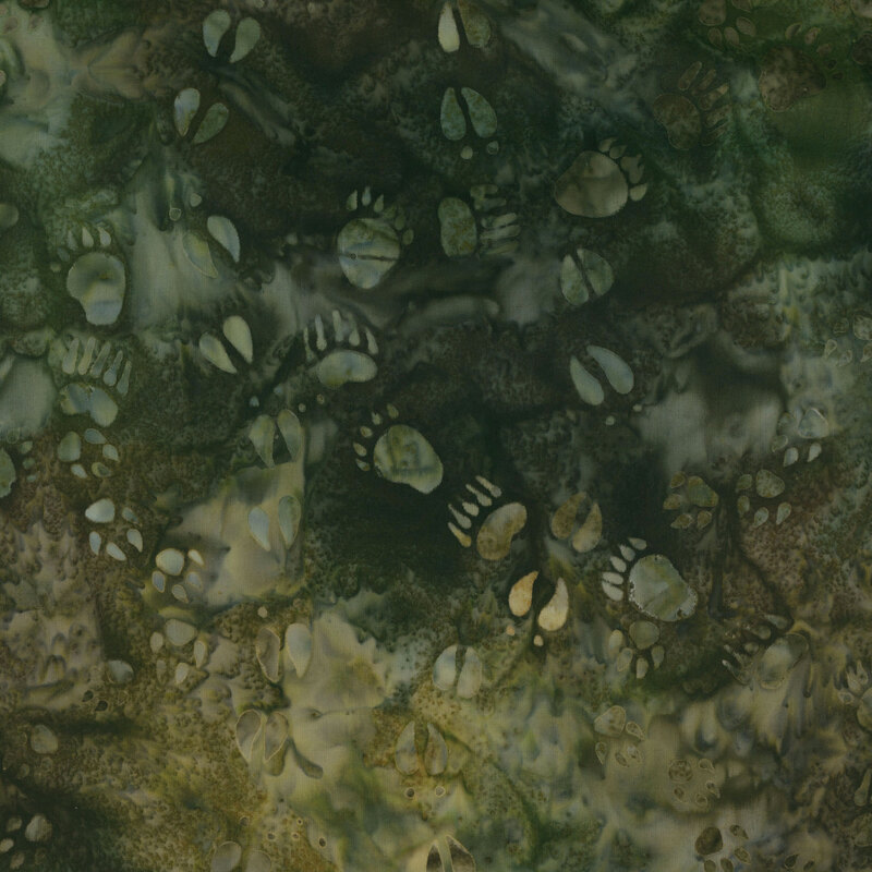 Various animal footprints on a dark mottled green and earthy brown background.