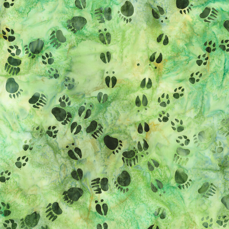 A textured green background with various animal paw prints scattered across it.