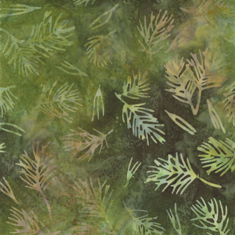 A textured green background with overlapping leaf patterns in varying shades of green and white.