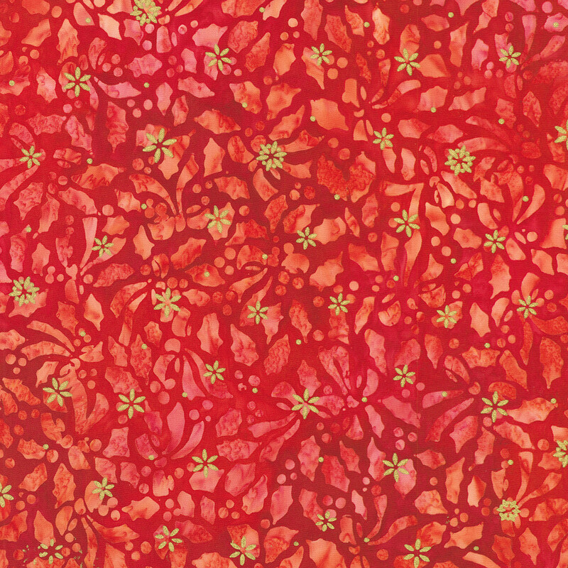 Mottled red fabric featuring a holly leaf design with gold metallic accents.