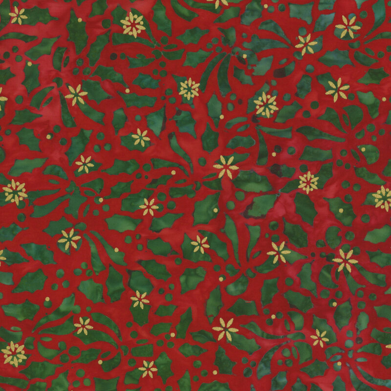 Red and green fabric featuring a holly leaf design with small gold metallic accents