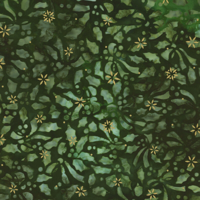 Green mottled fabric with an intricate holly leaf pattern small and gold metallic accents