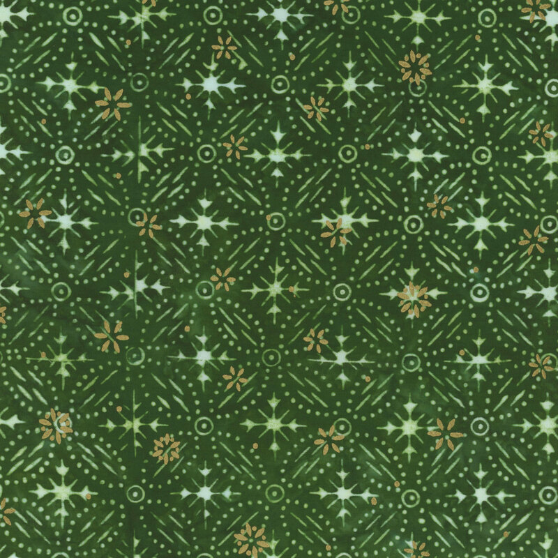 Green mottled fabric featuring a pattern of white snowflake designs with gold metallic accents