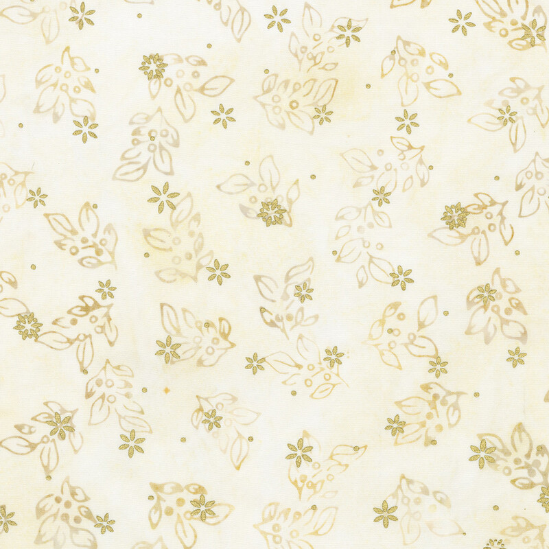 Cream mottled background with a delicate holly leaf design with gold metallic accents