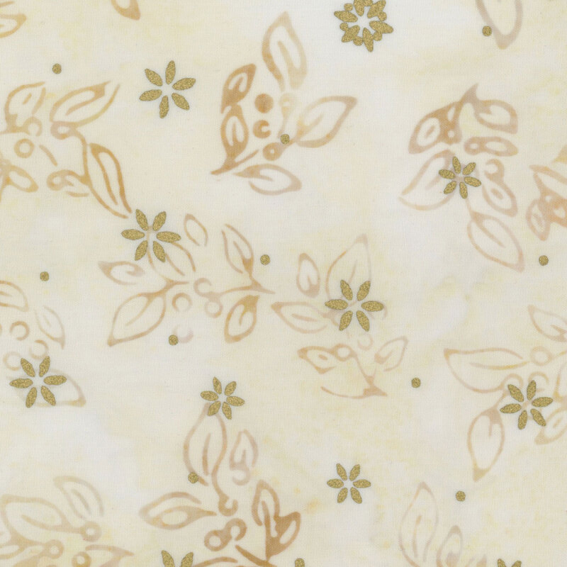 Cream mottled background with a delicate holly leaf design with gold metallic accents