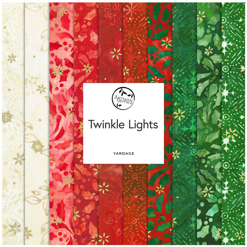 Twinkle Lights fabric collection, featuring red, green, and ivory patterns with gold accents.