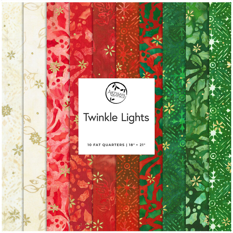 Twinkle Lights fabric collection, featuring red, green, and ivory patterns with gold accents.