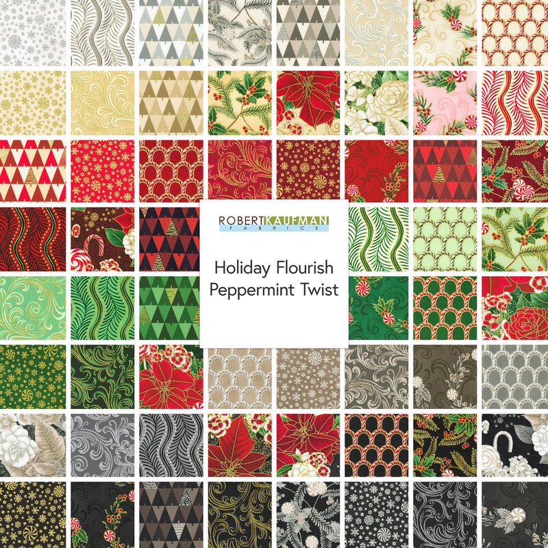 A collage of patterned fabric squares in festive colors, labeled Holiday Flourish Peppermint Twist.