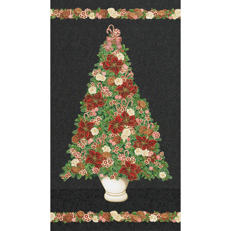 A decorative Christmas tree made of flowers, with red and white blooms in a white pot, on a black background.