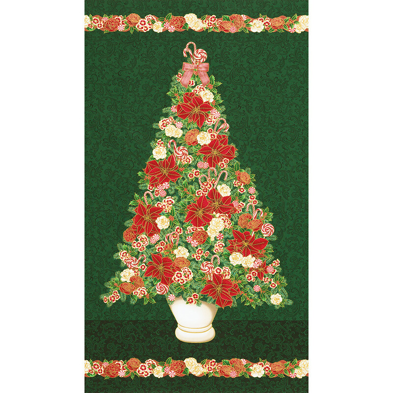 A festive Christmas tree adorned with red and white flowers, topped with a pink bow, on a green background.