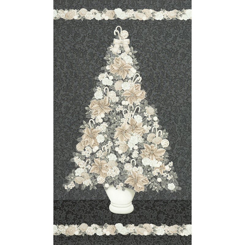 A decorative holiday tree made of flowers and ribbons in a white vase, set against a patterned dark background.