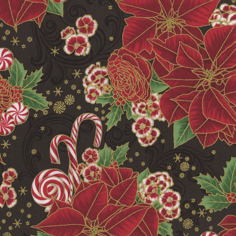 A festive pattern featuring red roses, white flowers, candy canes, and swirls on a black background.