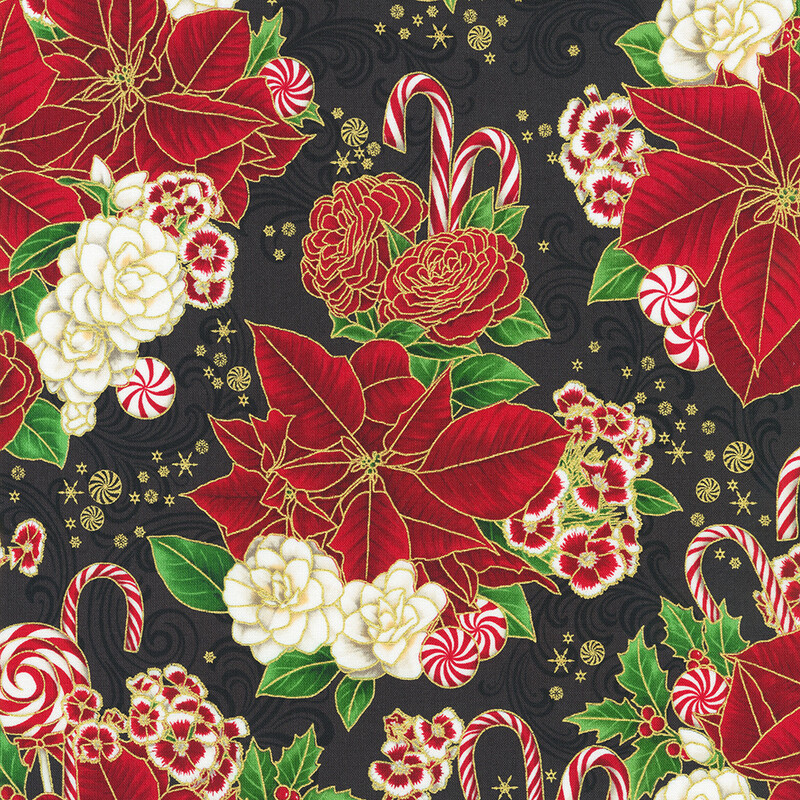 A festive pattern featuring red roses, white flowers, candy canes, and swirls on a black background.