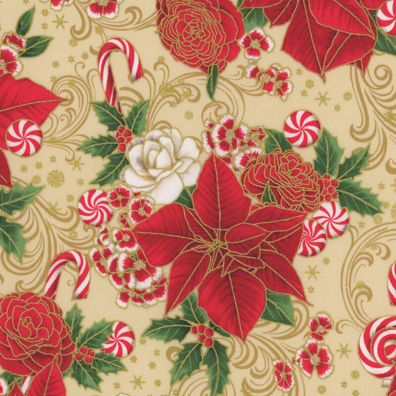 Red flowers, candy canes, and peppermint swirls on a cream background.