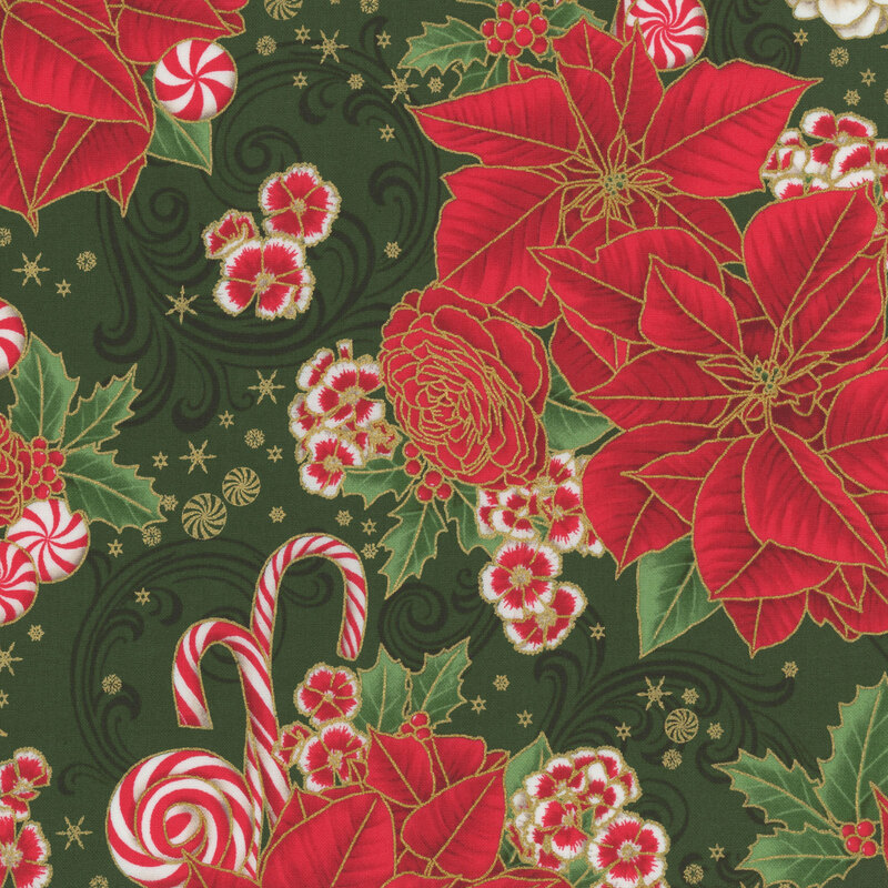 A festive pattern featuring red flowers, holly, white roses, and candy canes on a green background.