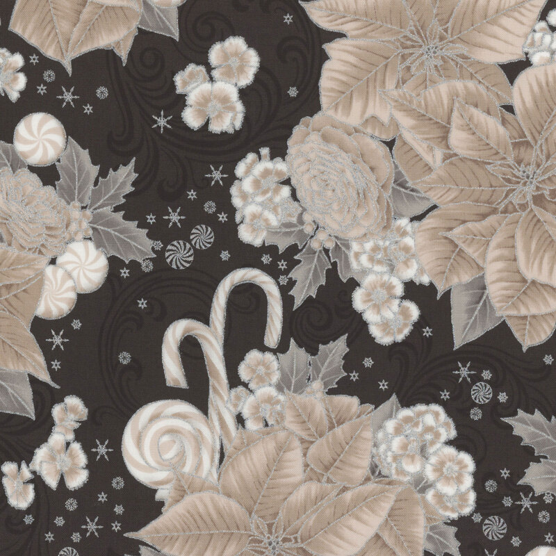 A pattern featuring white flowers, leaves, and candy canes on a black background.