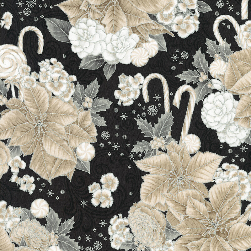 A pattern featuring white flowers, leaves, and candy canes on a black background.