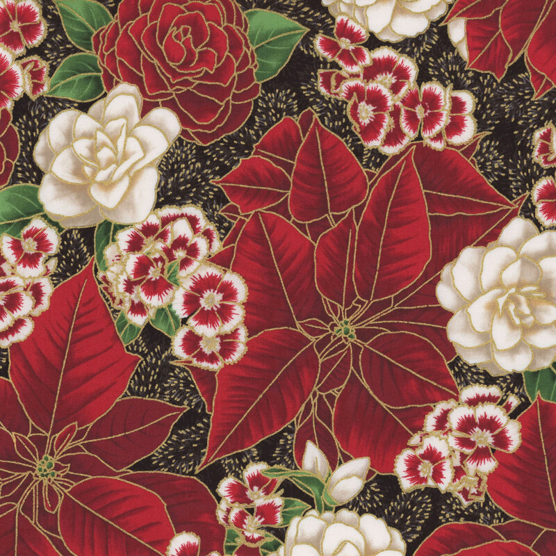 Patterned fabric featuring red poinsettias, camellias, and white flowers on a black background.