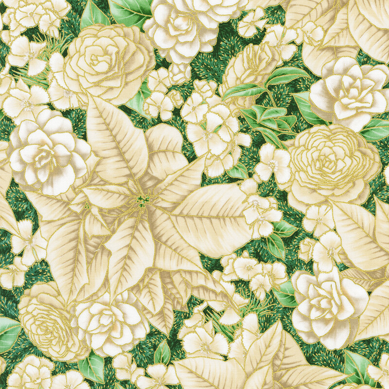 A pattern of various white flowers and green leaves on a textured background.