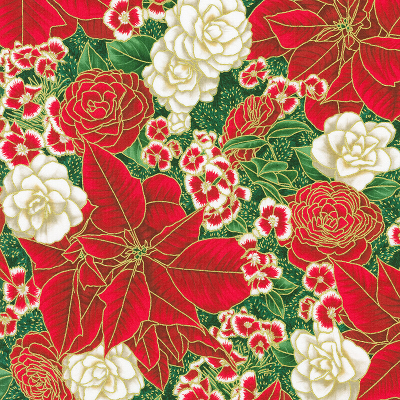 A vibrant pattern of red roses, white flowers, and green leaves on a green background.