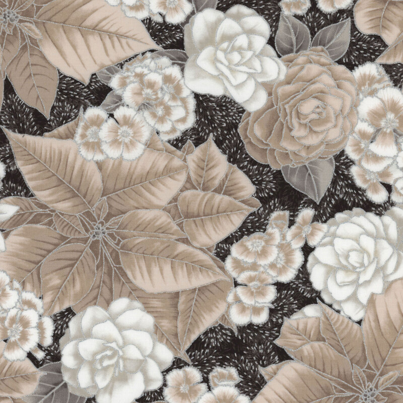 A floral pattern featuring cream-colored roses and leaves on a dark black background.