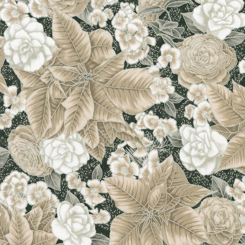 A floral pattern featuring cream-colored roses and leaves on a dark black background.