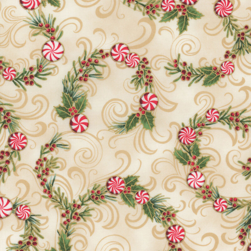 Patterned fabric featuring swirls, holly leaves, red berries, and peppermint swirls on a cream background.