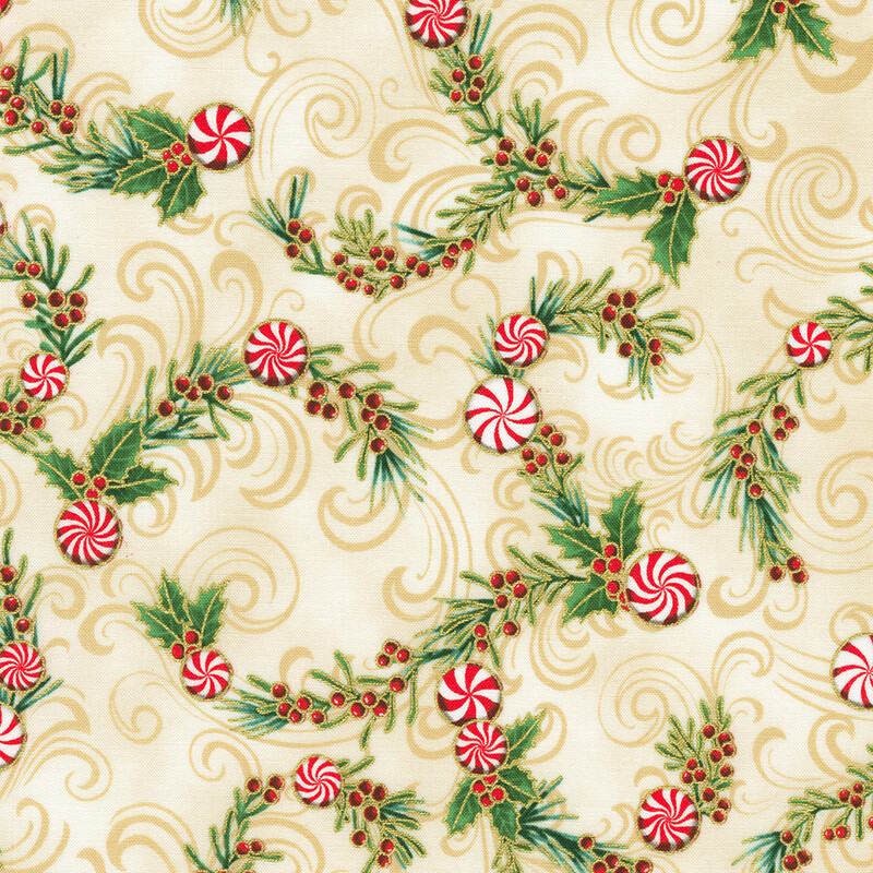 Patterned fabric featuring swirls, holly leaves, red berries, and peppermint swirls on a cream background.