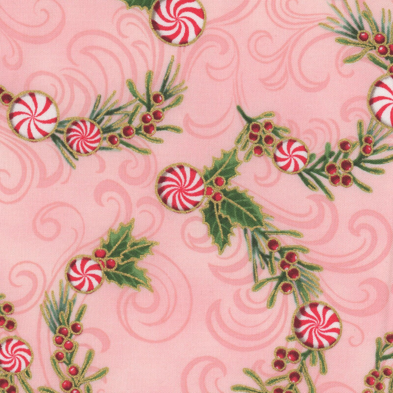 Pattern of peppermint swirls and holly leaves on a light pink background.