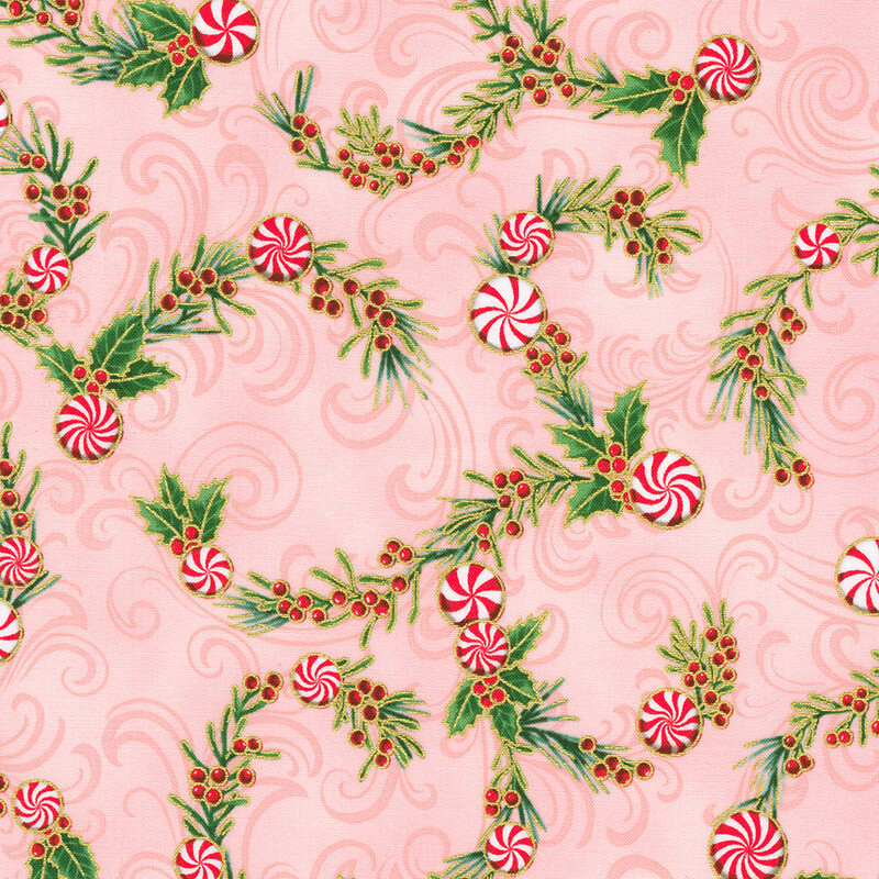 Pattern of peppermint swirls and holly leaves on a light pink background.