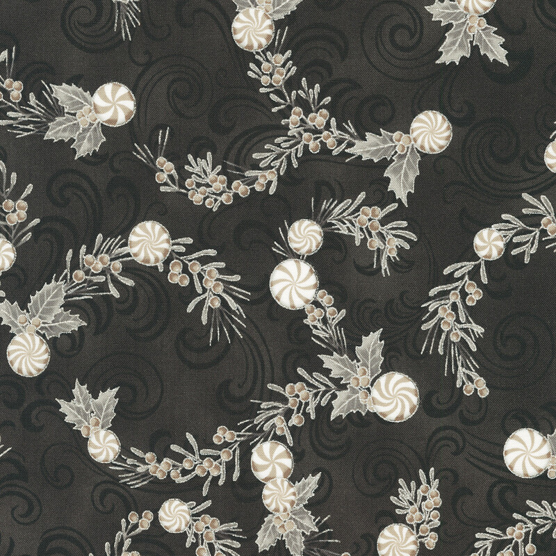 Patterned fabric featuring swirling dark background with holly leaves, berries, and striped peppermint candies.