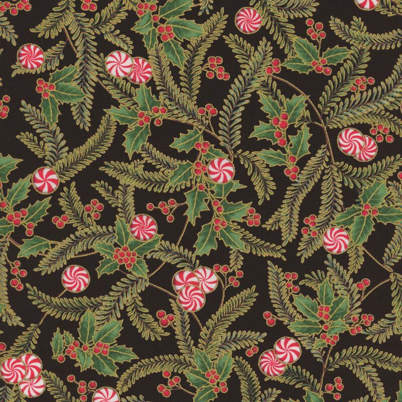 A festive pattern featuring holly leaves, red berries, and swirled peppermint candies on a black background.