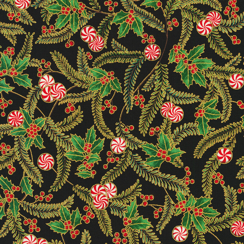 A festive pattern featuring holly leaves, red berries, and swirled peppermint candies on a black background.