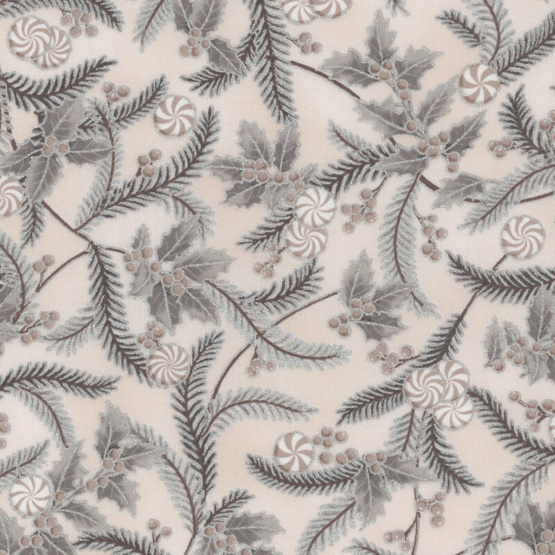 Fabric pattern featuring holly leaves, berries, and swirling candy shapes on a cream background.