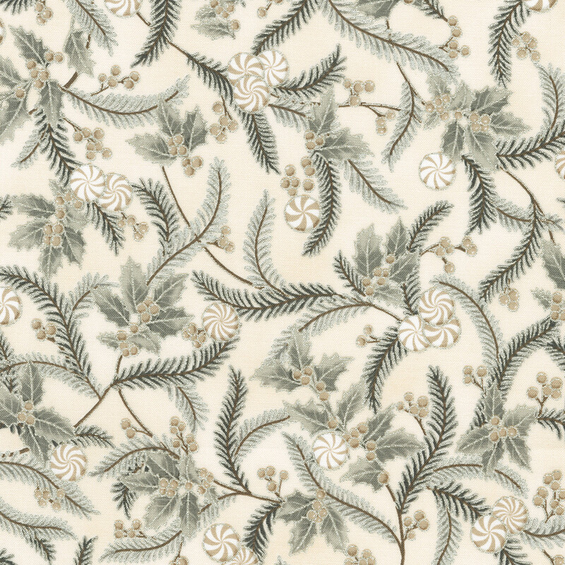 Fabric pattern featuring holly leaves, berries, and swirling candy shapes on a cream background.