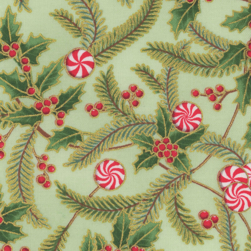 A green fabric pattern with holly leaves, red berries, and peppermint swirls.