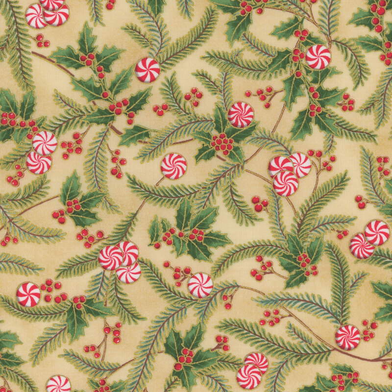 Pattern of green holly leaves, red berries, and red-and-white striped candies on a cream background.