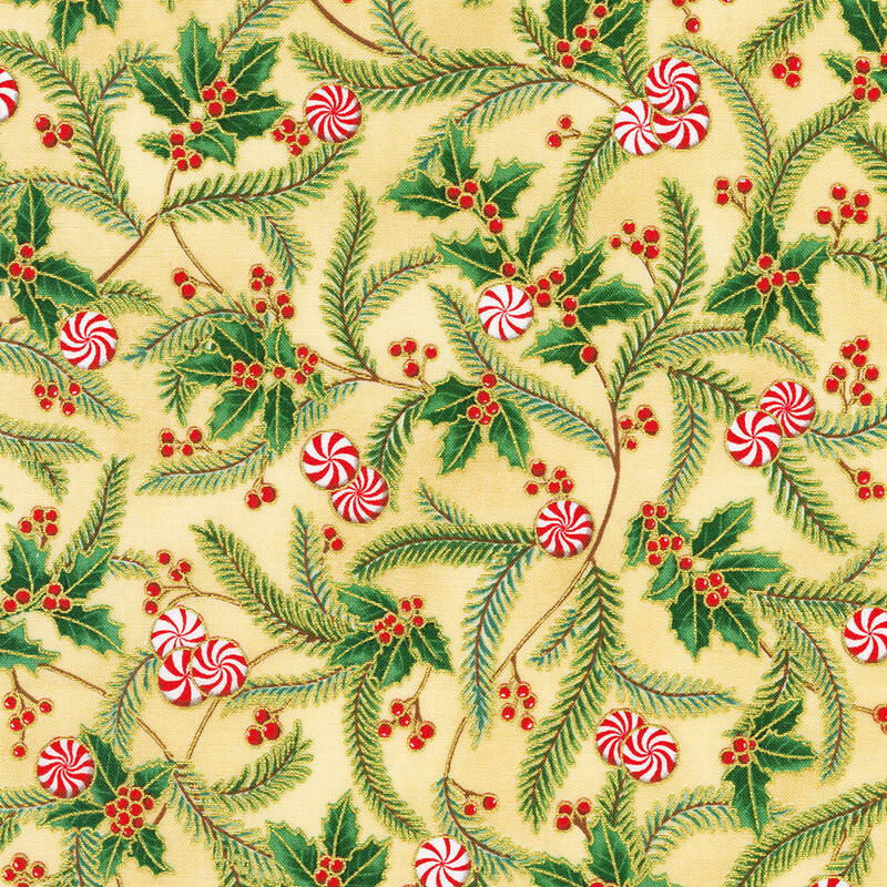 Pattern of green holly leaves, red berries, and red-and-white striped candies on a cream background.