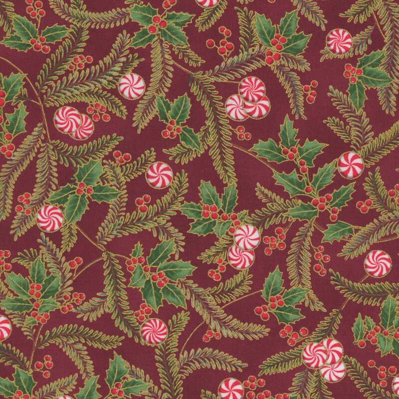 Festive red fabric pattern featuring holly leaves, berries, and peppermint swirls.