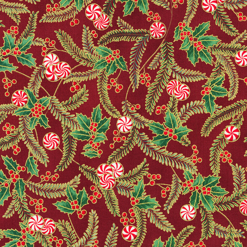 Festive red fabric pattern featuring holly leaves, berries, and peppermint swirls.