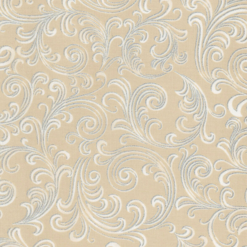 Elegant cream fabric with intricate white and silver swirling patterns.