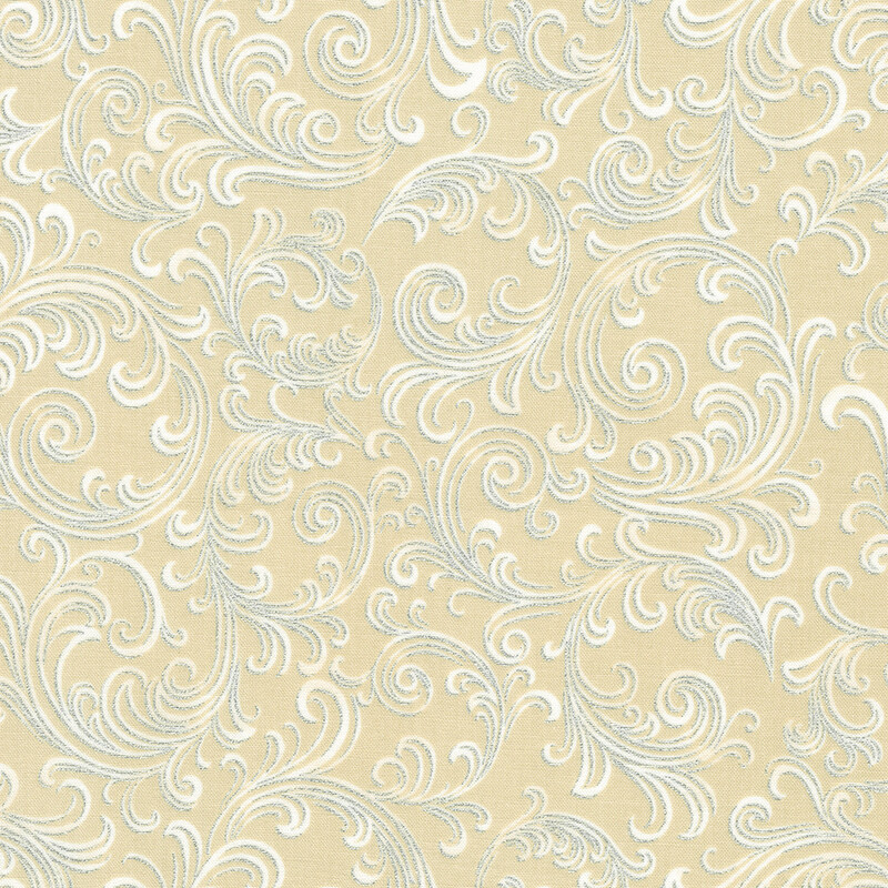 Elegant cream fabric with intricate white and silver swirling patterns.