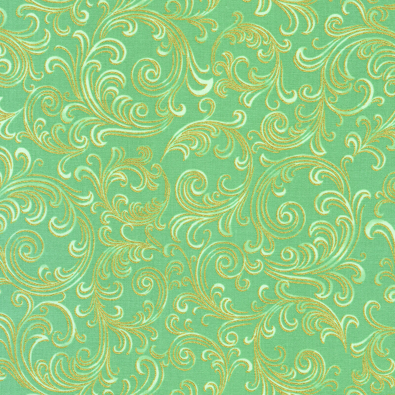 Green fabric with intricate swirling patterns in lighter green and gold tones.