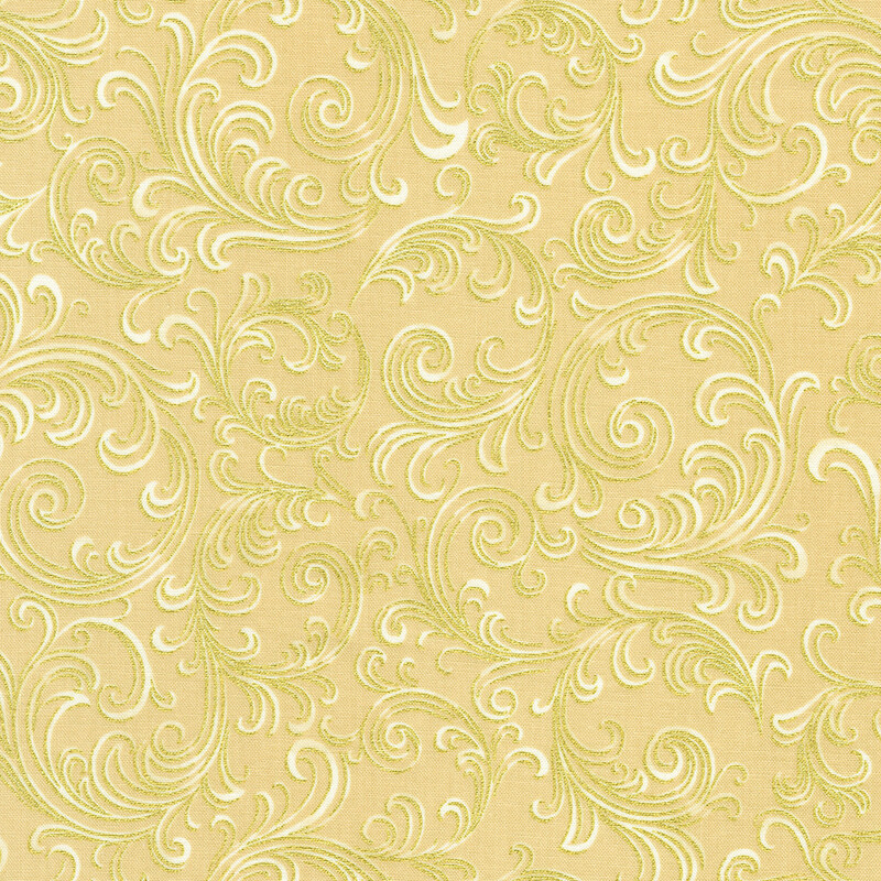 A light yellow background with intricate, swirling white and green patterns.