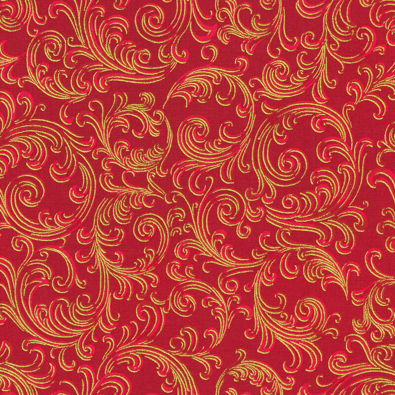 Red fabric with intricate gold swirling patterns throughout.