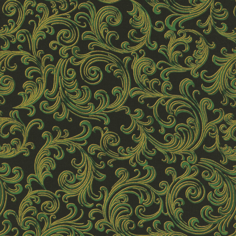 Green fabric with intricate, swirling gold patterns throughout.