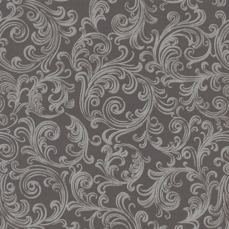 Gray fabric featuring swirling silver floral patterns throughout.