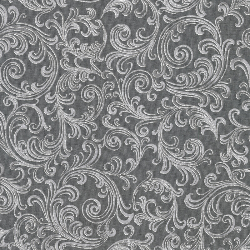 Gray fabric featuring swirling silver floral patterns throughout.